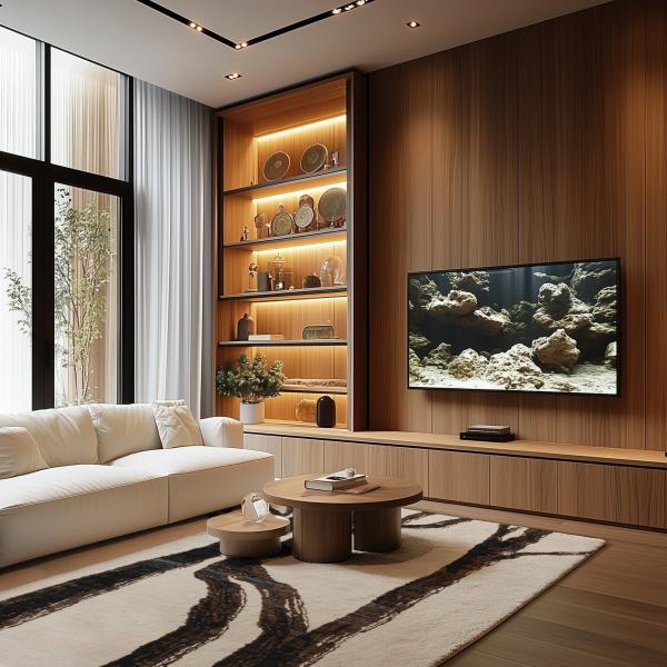 Minimalistisk stue i trælook med et designertæppe